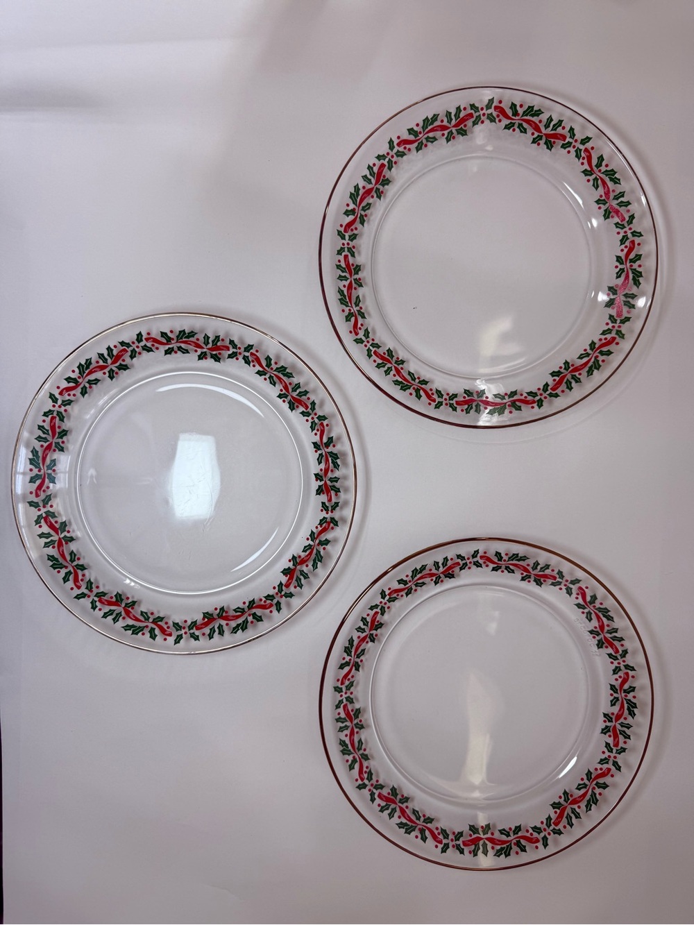 Festive Holly Border Glass Dinner Plates - White with Red & Green Trim